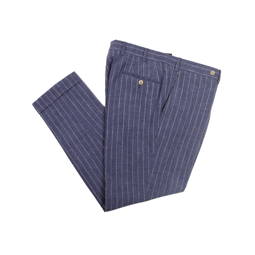 Navy Blue Pinstripe Linen Dress Trousers – full view