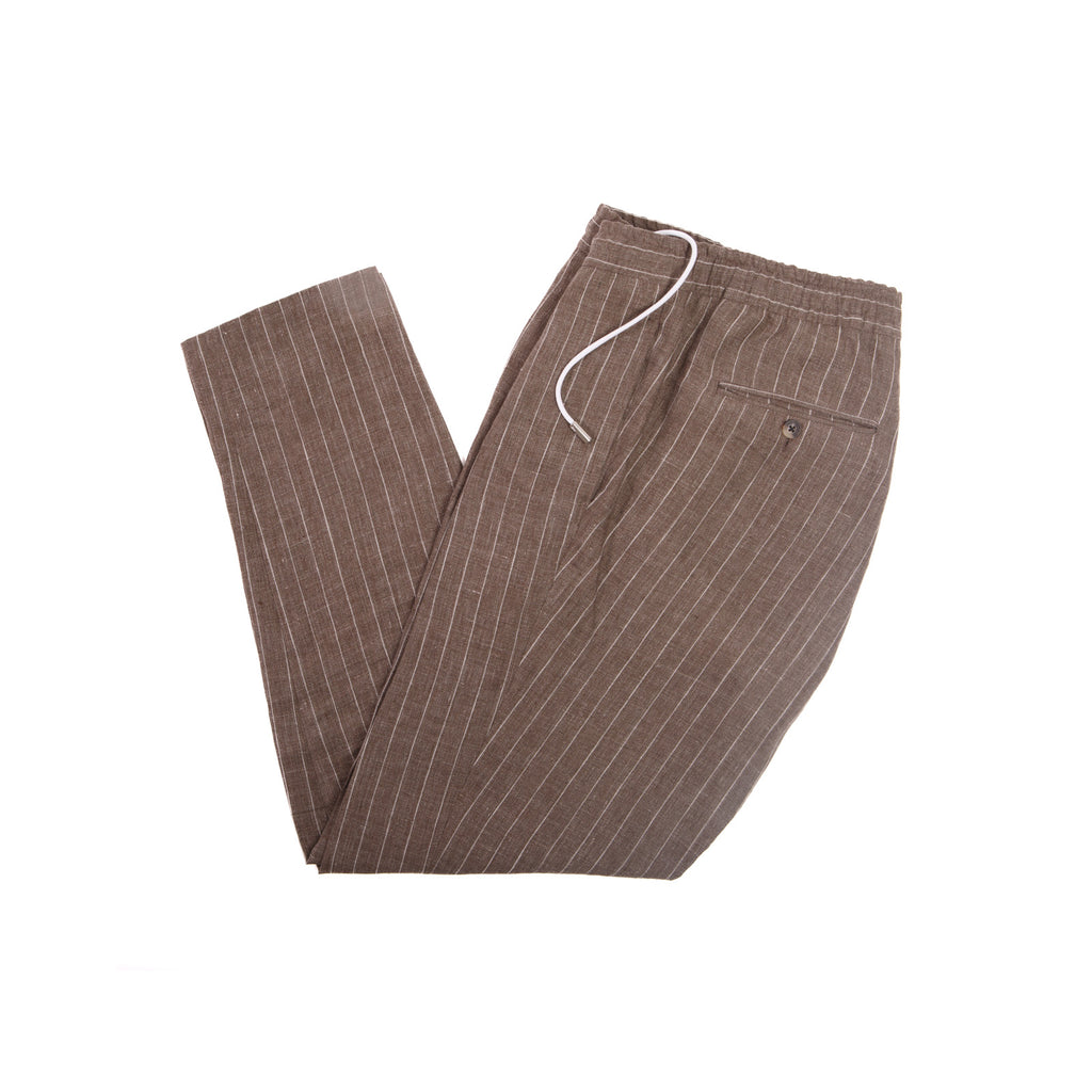 Brown Pinstripe Linen Drawstring Trousers – full view