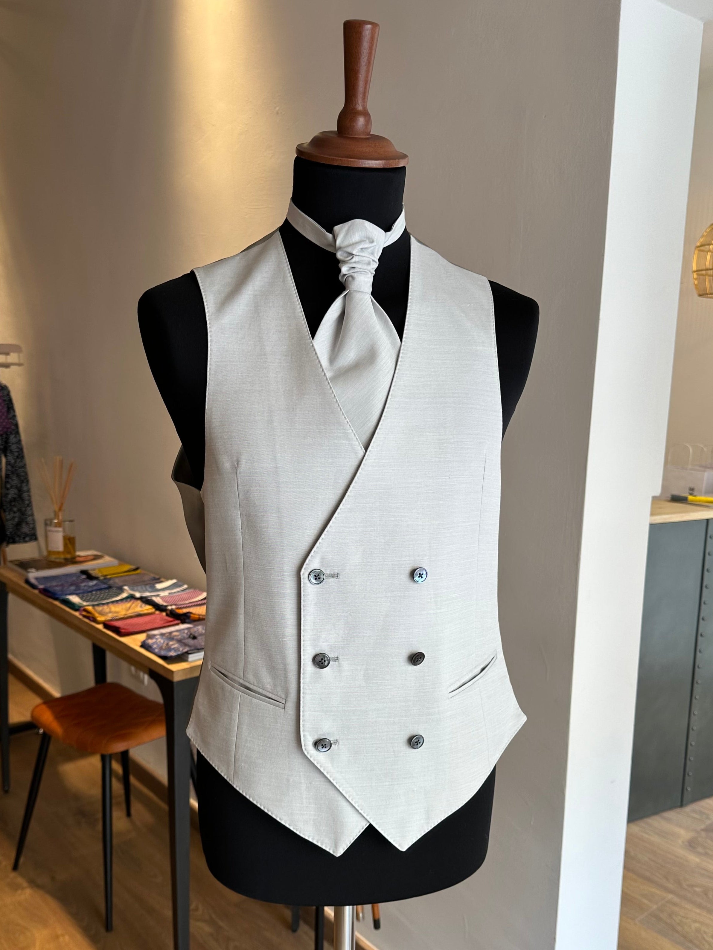pearl-grey-double-breasted-wedding-waistcoat-with-plastron-by-caprice-bespoke