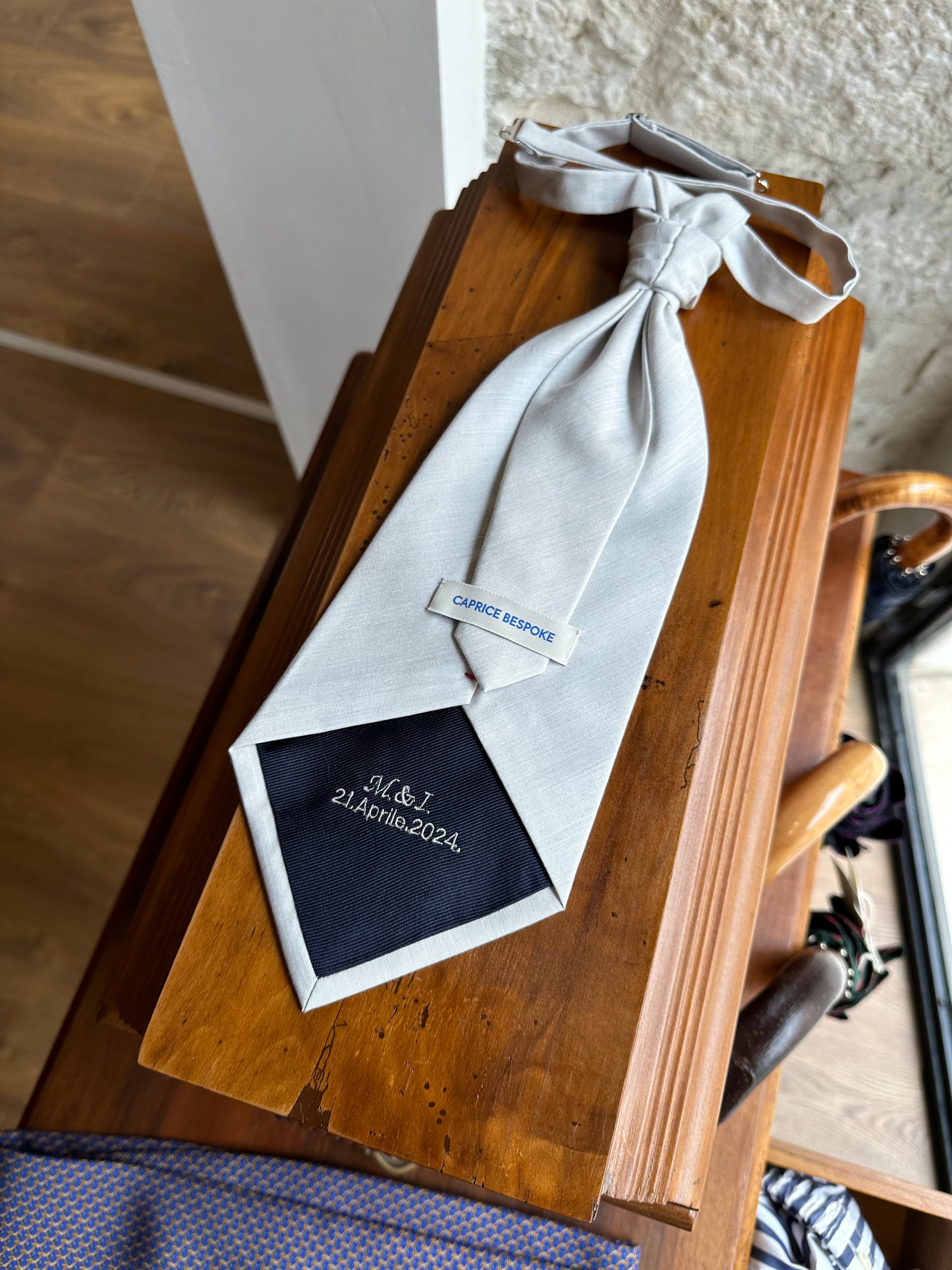 como-silk-plastron-with-embroidered-wedding-date-and-initials