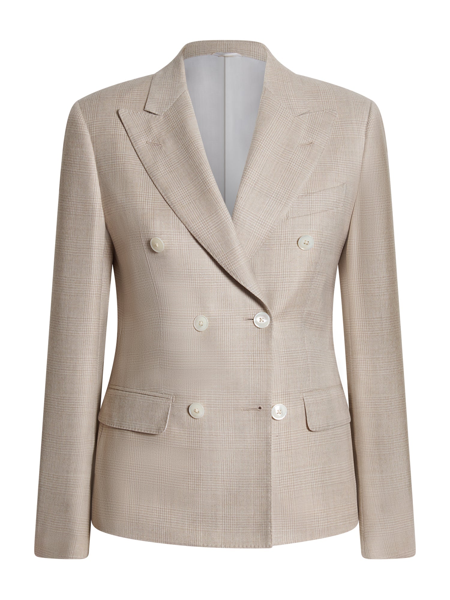 Women's double-breasted Prince of Wales check blazer in beige wool-cashmere — front view