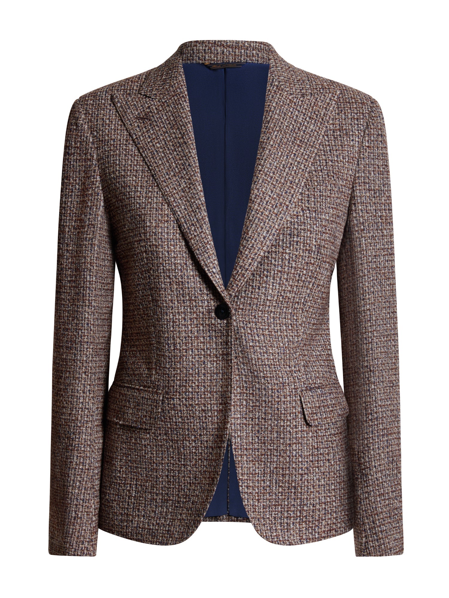 Women's single-breasted brown bouclé blazer with navy lining — front view