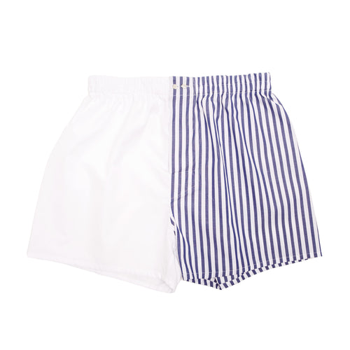 White and Navy Split-Panel Cotton Boxer – full view