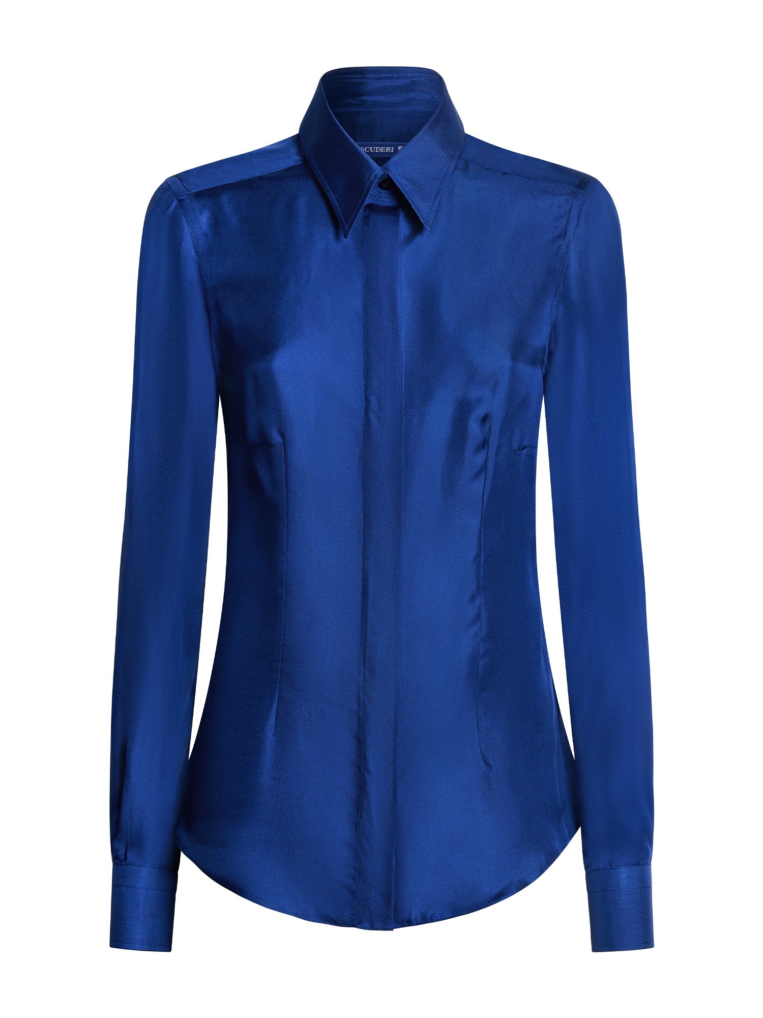 Women's pure silk shirt in royal blue with Elizabeth collar — front view