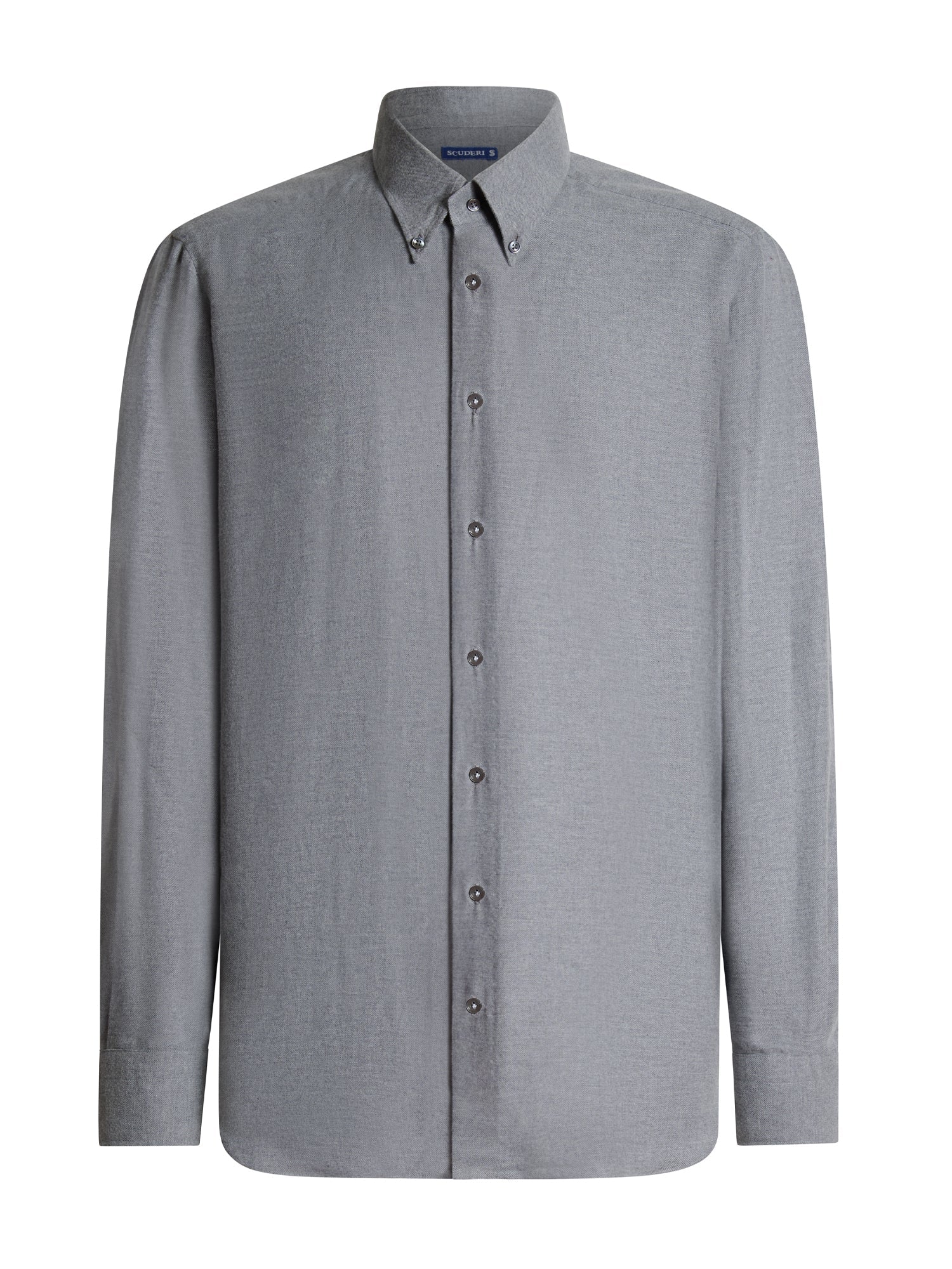 Men's grey flannel button-down shirt — front view