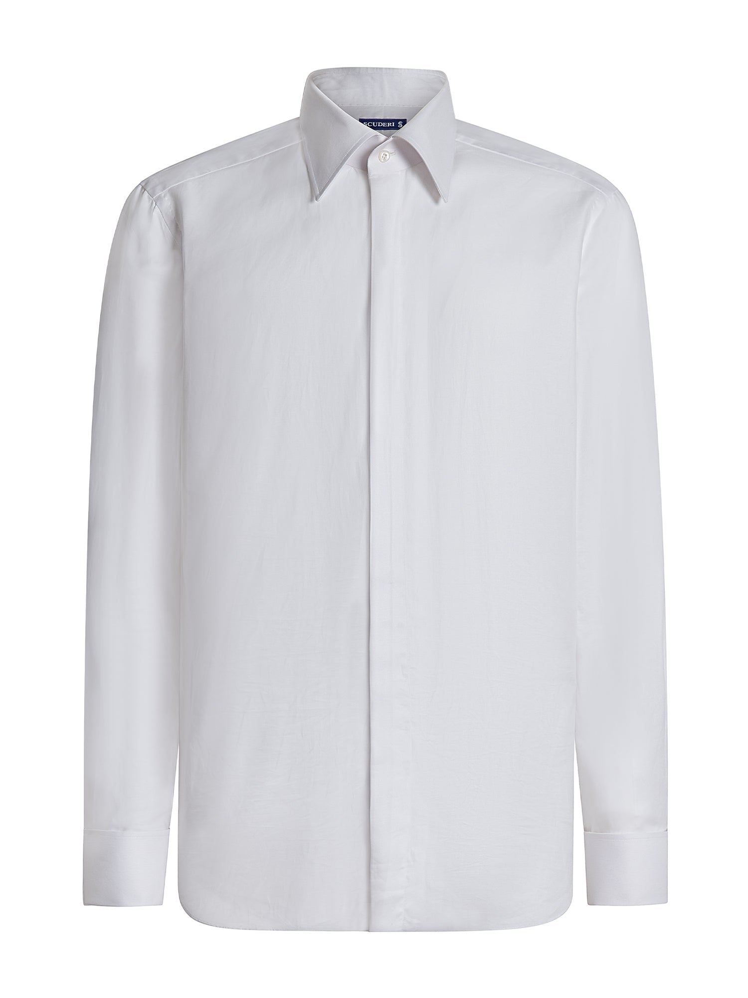 Men's white cotton poplin ceremony shirt with double cuffs — front view