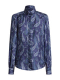 Silk paisley shirt in blue tones with Arianna collar — front view