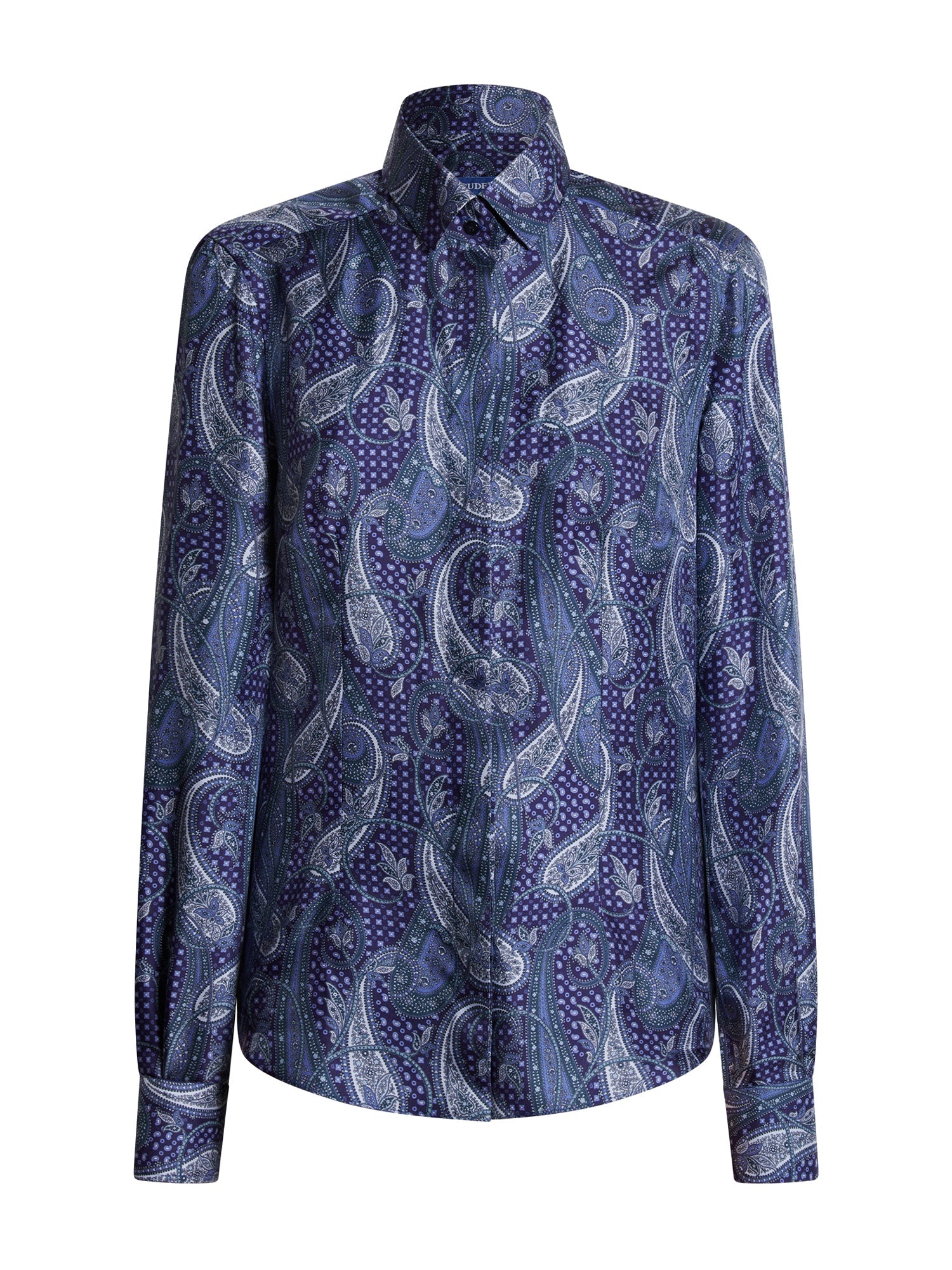 Silk paisley shirt in blue tones with Arianna collar — front view
