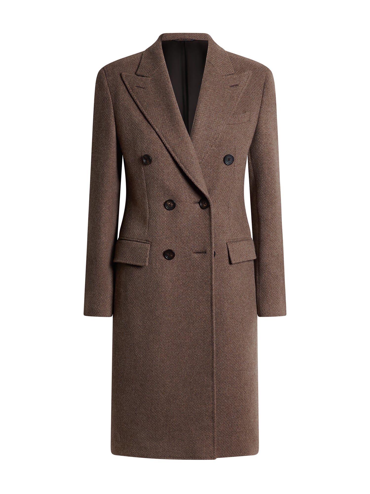 Women's double-breasted brown wool-cashmere coat — front view