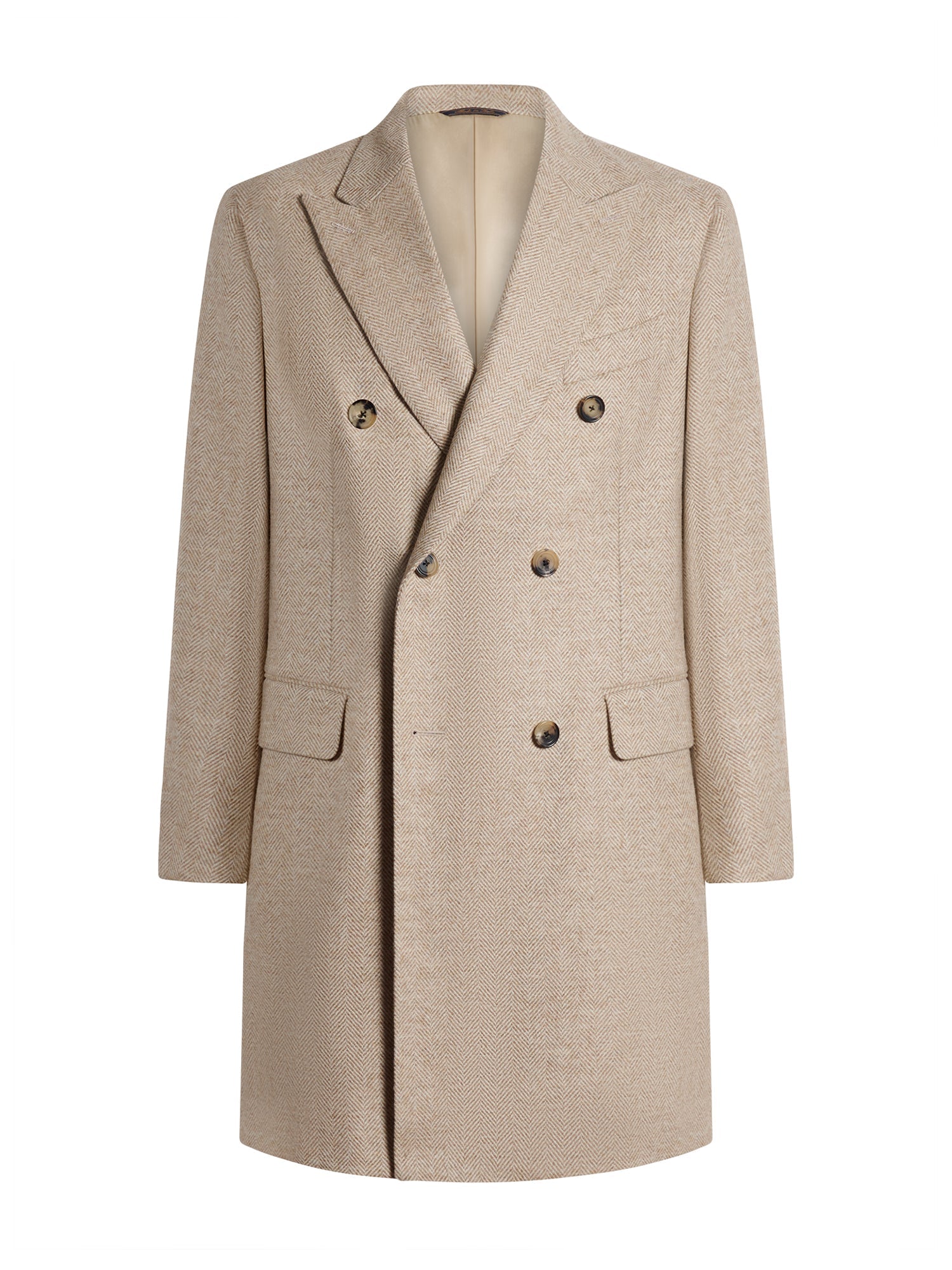Men's double-breasted herringbone overcoat in Abraham Moon wool — front view
