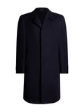 Men's navy blue wool single-breasted overcoat — front view