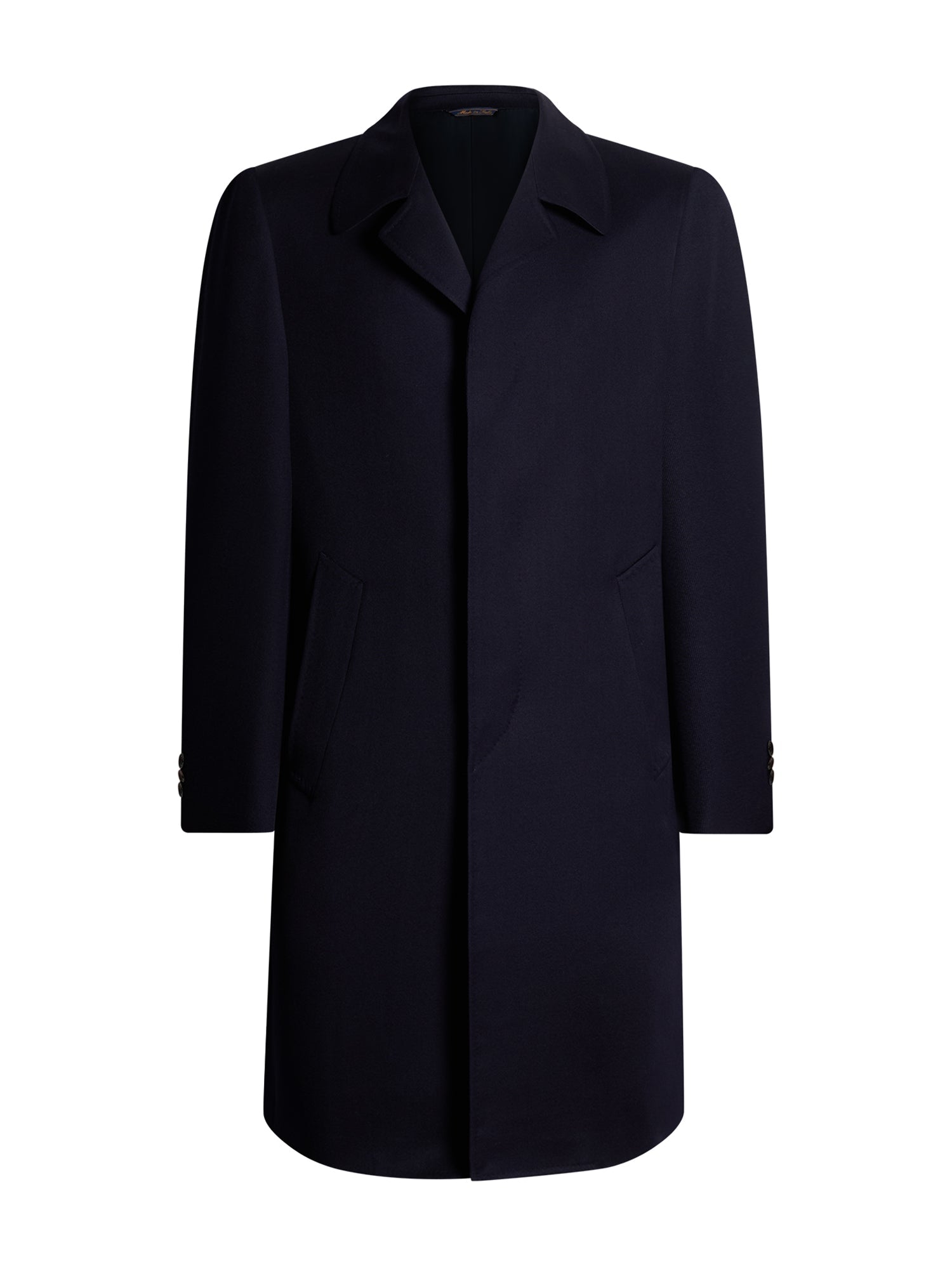 Men's navy blue wool single-breasted overcoat — front view