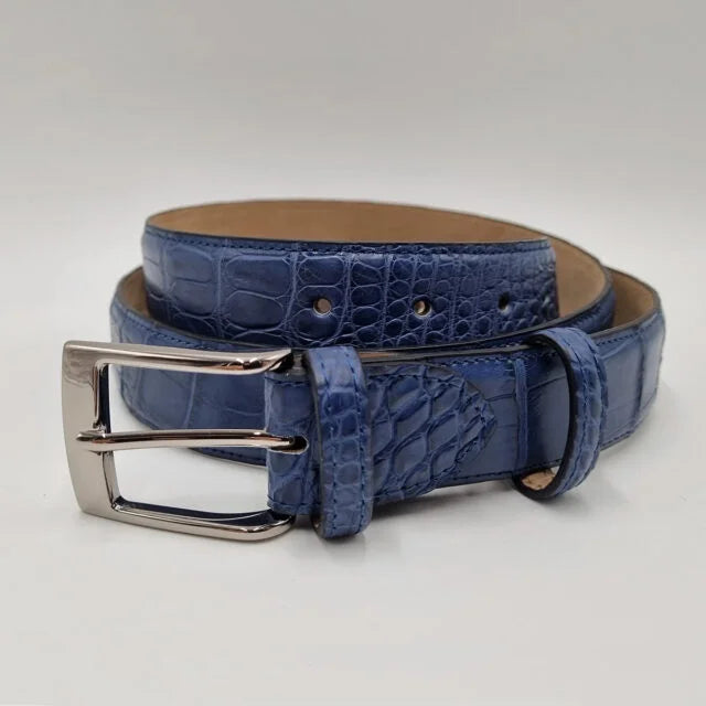Blue crocodile leather belt with palladium brass buckle – Valigeria Grignola