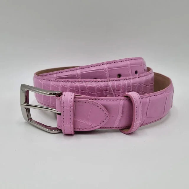 Pink crocodile leather belt with palladium buckle, luxury Italian accessory – Valigeria Grignola