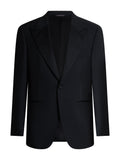 Men's black peak lapel tuxedo jacket with satin lapels — front view