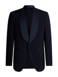 Men's navy blue shawl lapel tuxedo jacket in wool-mohair — front view