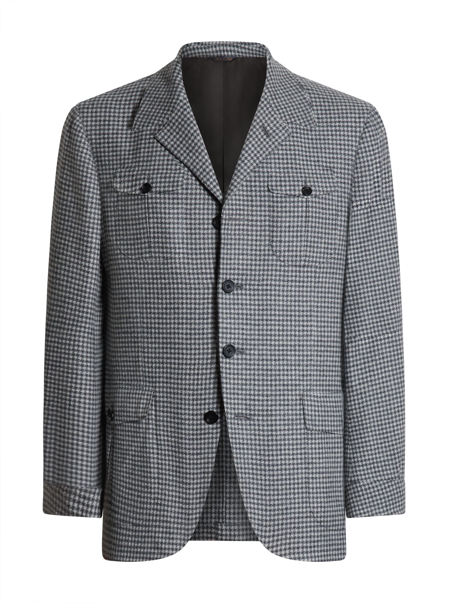 Men's grey houndstooth safari jacket in wool-cashmere — front view