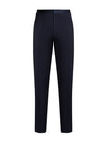 Men's navy blue tuxedo trousers in wool-mohair with satin stripe — front view