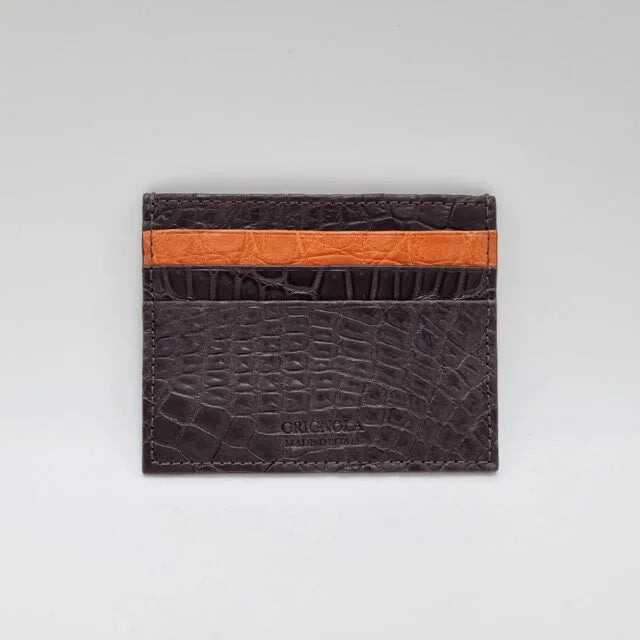 Brown and orange crocodile leather card holder with 6 compartments – Valigeria Grignola