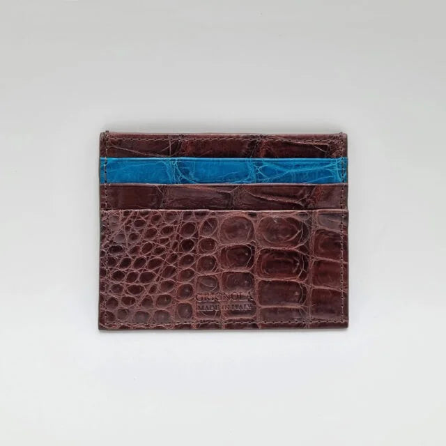 Brown and blue crocodile leather card holder, pocket card organiser – Valigeria Grignola